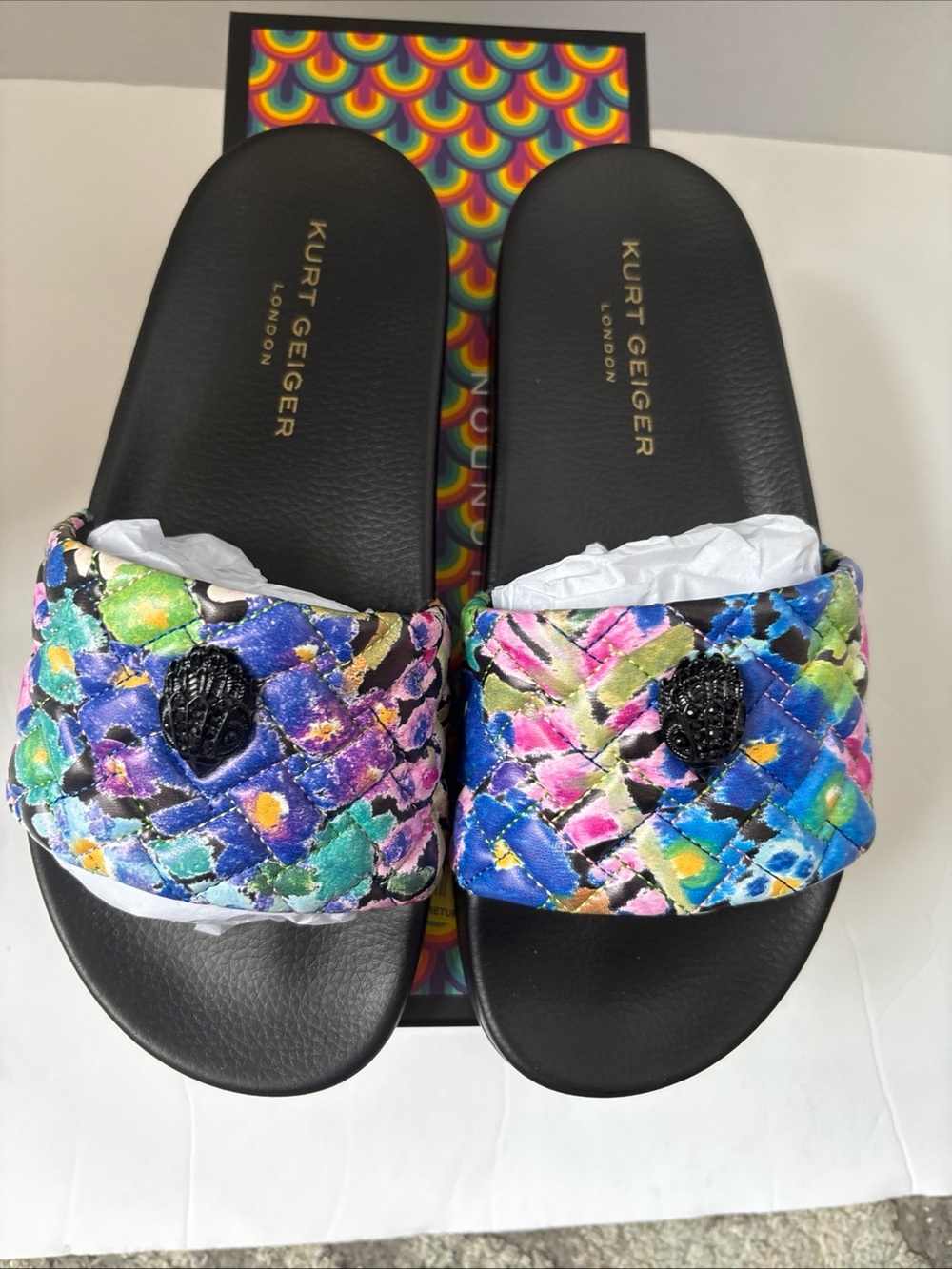 Kurt Geiger LondonMeena Floral Eagle Pool Slide Sandals Multi Color Sz-8 NIB